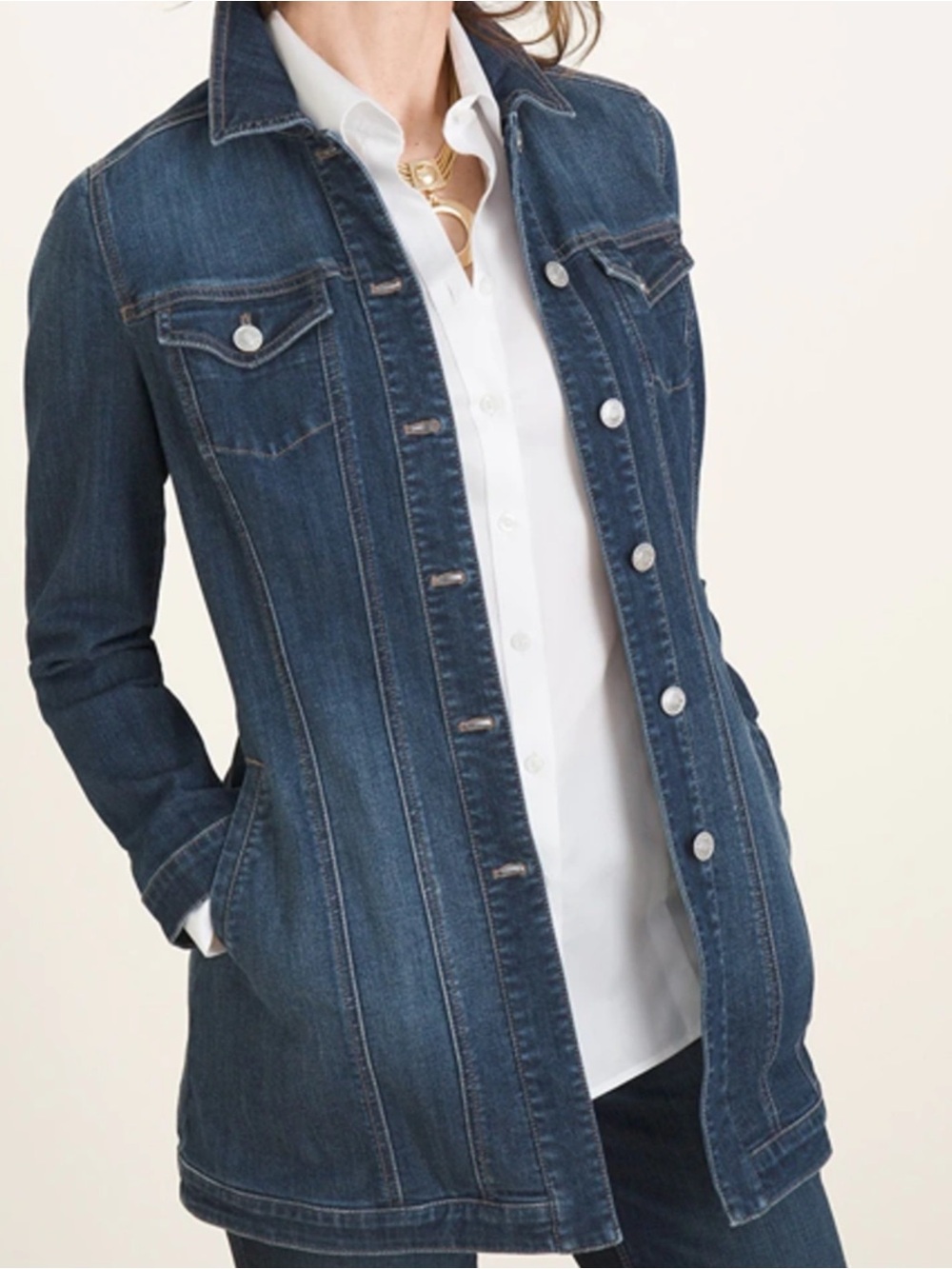 CHICO'S Elongated Button Denim Jacket In Westward Indigo Size Petite Large